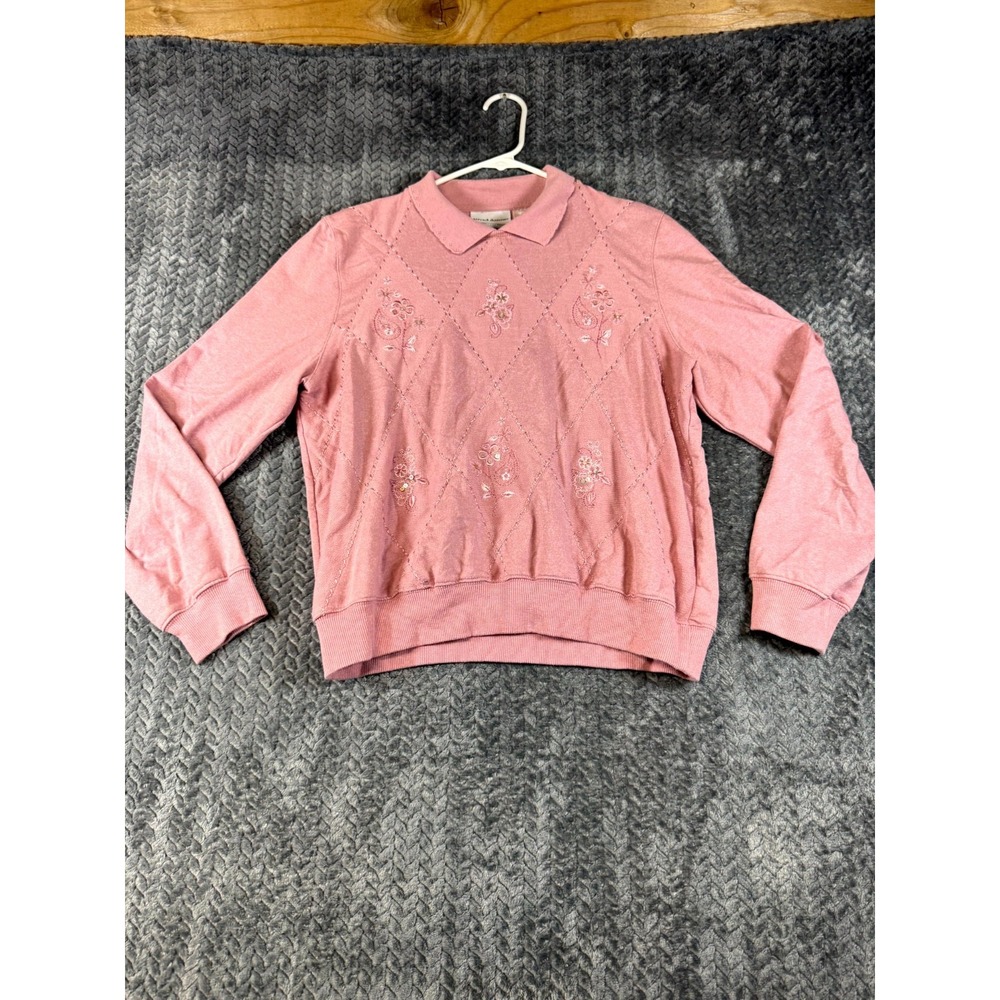 Alfred Dunner Sweater Womens M Petite Pink Cotton Collared Embroidered Floral